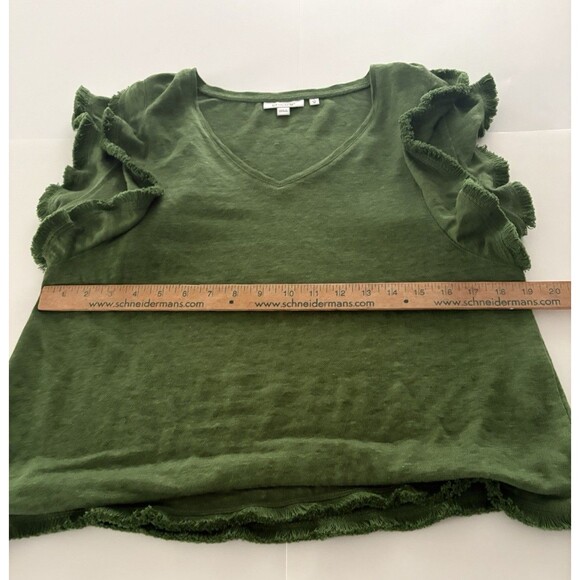Chicos Linen Top Size M Green Ruffle Flutter Sleeve Relaxed Fringe Preppy Forest - Picture 10 of 16